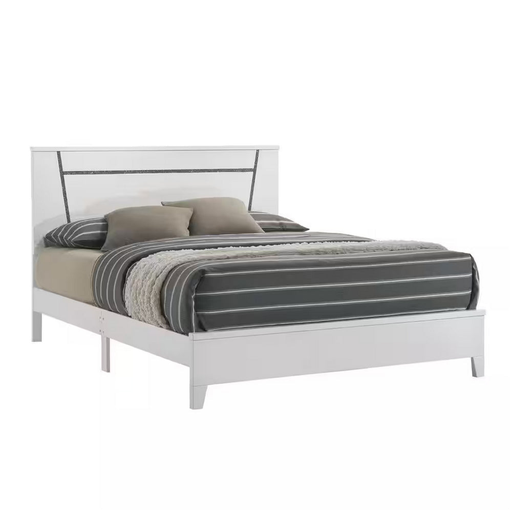 Lif High Gloss California King Bed, Glitter Filled Panel, Solid Wood, White - BM299641