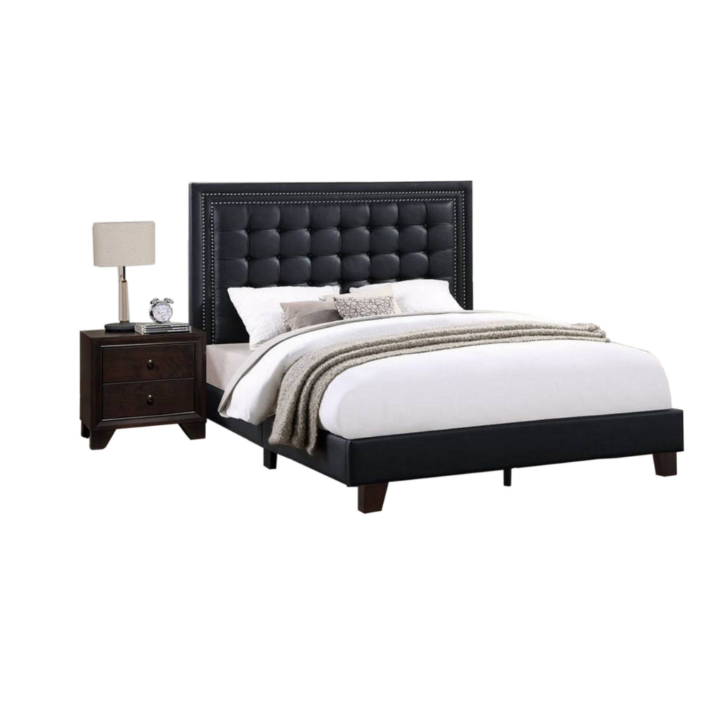 Vea Modern Platform Queen Bed, Deep Tufted Upholstery, Black Faux Leather - BM300185