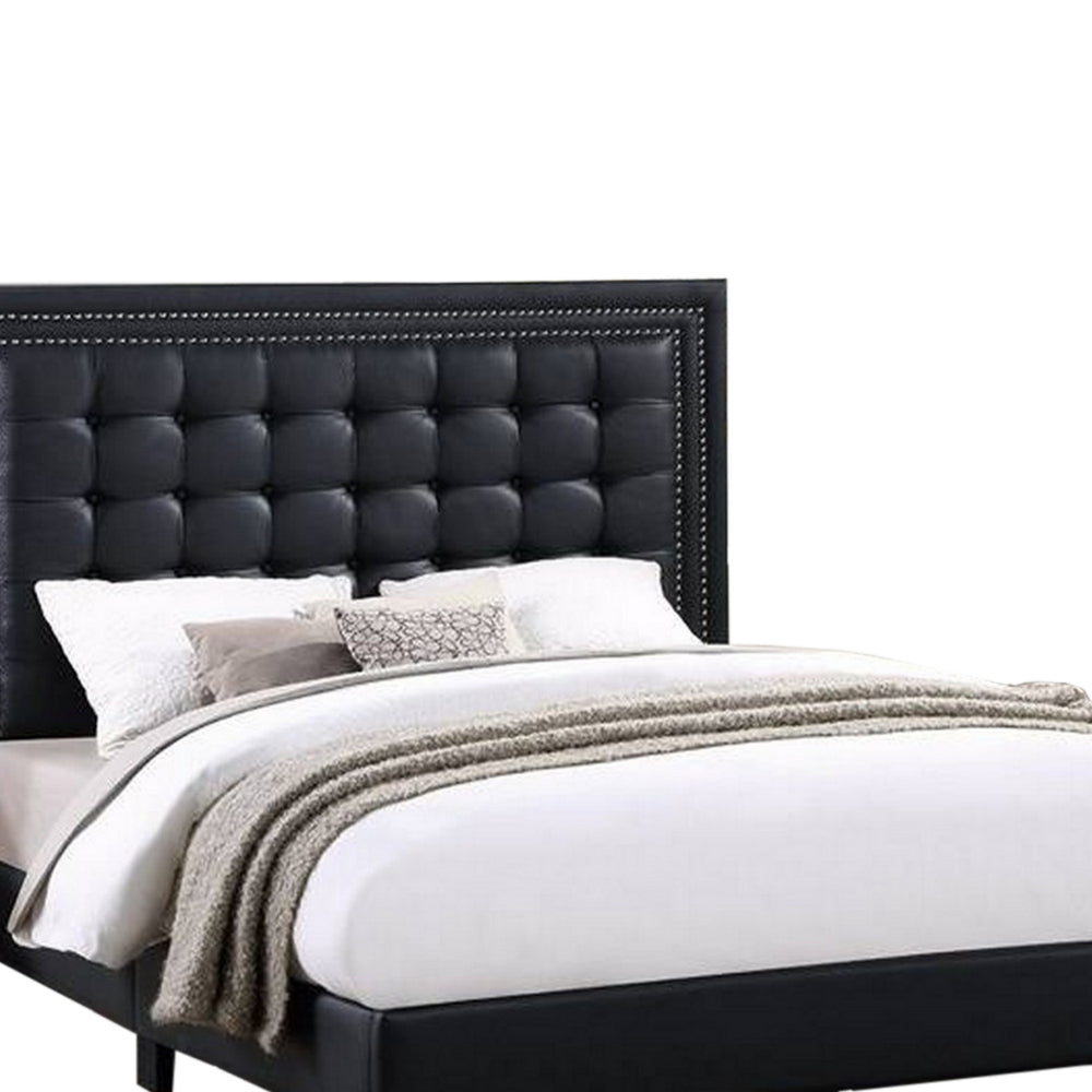 Vea Modern Platform Queen Bed, Deep Tufted Upholstery, Black Faux Leather - BM300185