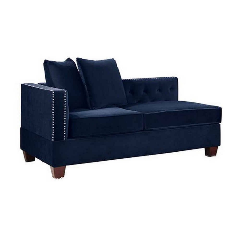 Mina 58 Inch One Arm Reversible Chaise, 2 Pillows, Nailhead Trim, Indigo - BM300274