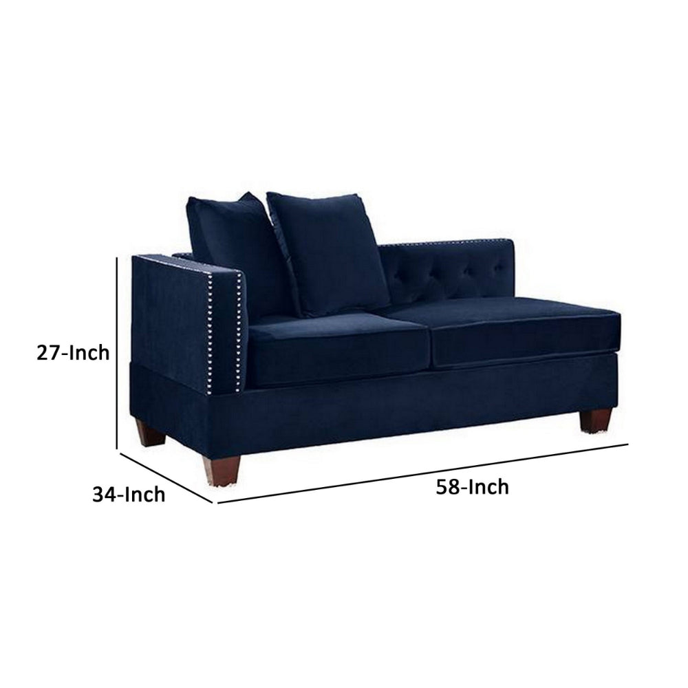 Mina 58 Inch One Arm Reversible Chaise, 2 Pillows, Nailhead Trim, Indigo - BM300274