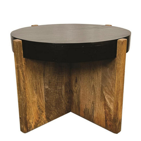 Oza 24 Inch Round Side Table, Distressed Top, Crossed Base, Rich Brown - BM300768