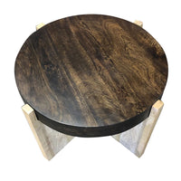 Oza 24 Inch Round Side Table, Distressed Top, Crossed Base, Rich Brown - BM300768