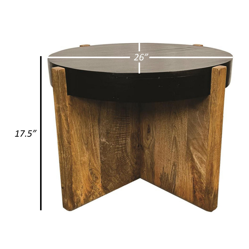 Oza 24 Inch Round Side Table, Distressed Top, Crossed Base, Rich Brown - BM300768