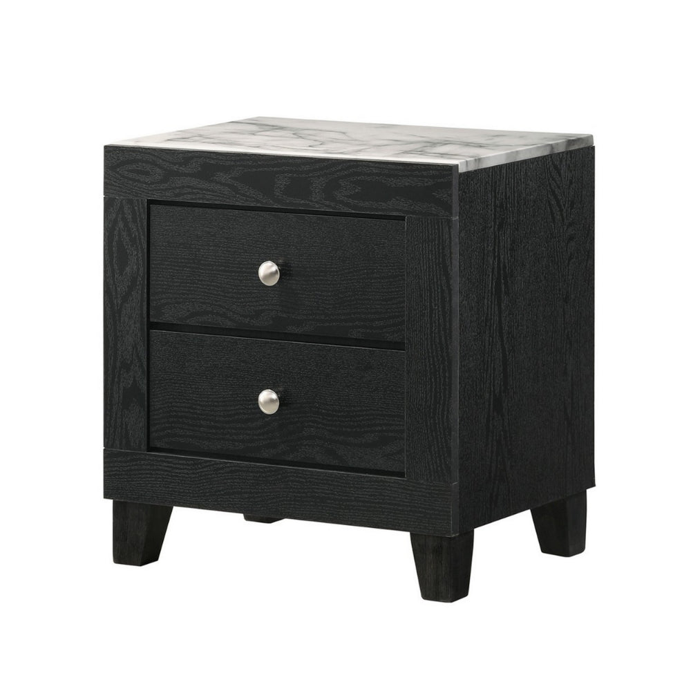 Yoh 23 Inch 2 Drawer Nightstand, White Marble Top, Metal Knobs, Black - BM300824