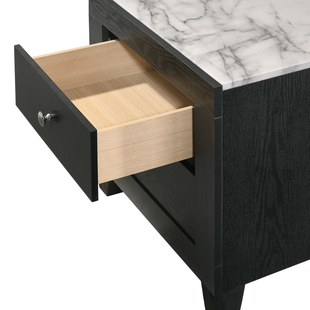 Yoh 23 Inch 2 Drawer Nightstand, White Marble Top, Metal Knobs, Black - BM300824