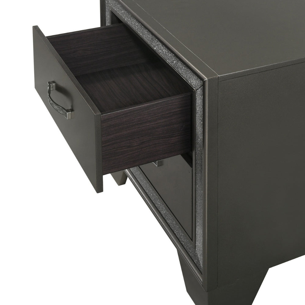 Zula 24 Inch 2 Drawer Nightstand, Faux Diamond Trim, Metal Handles, Gray - BM300826