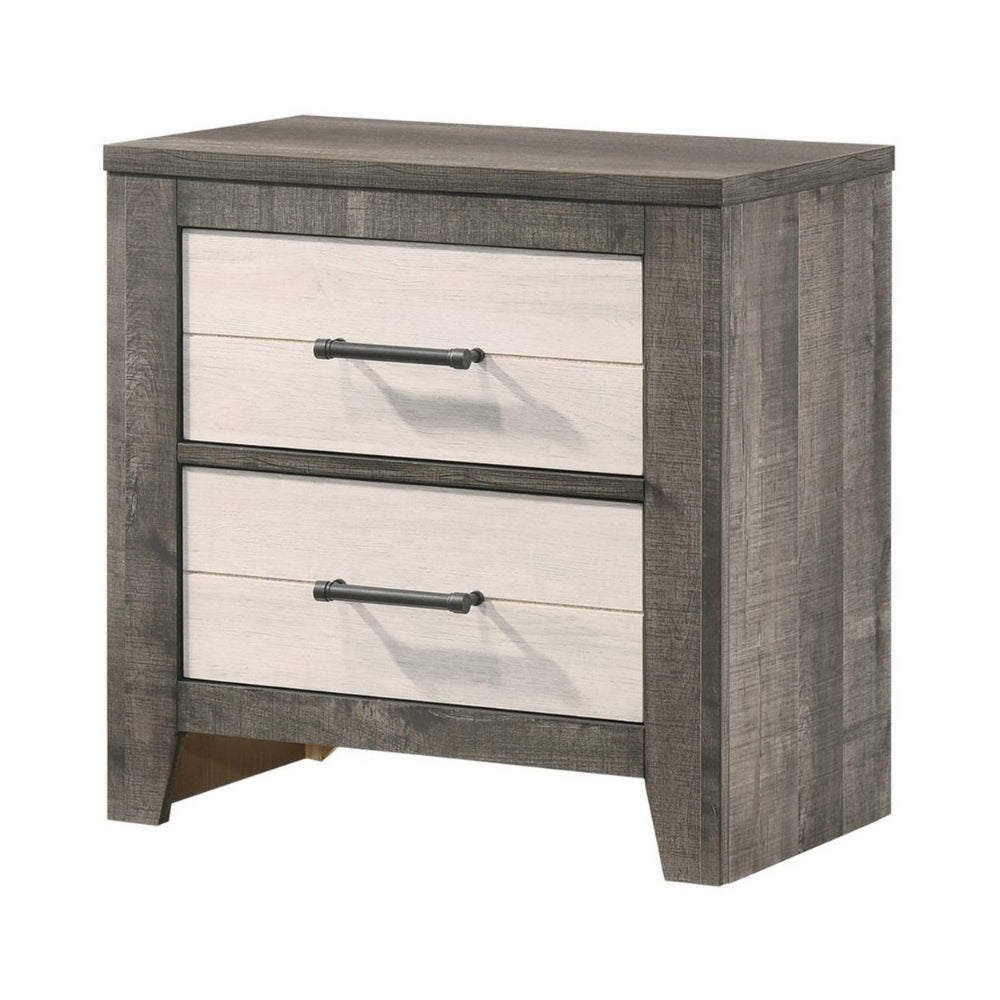 Yaz 25 Inch Modern 2 Drawer Nightstand, Bar Metal Handles, White and Gray - BM300834