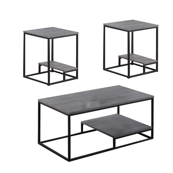 3 Piece Cocktail Set with Coffee Table and 2 End Tables, Wood Shelves, Gray - BM300844