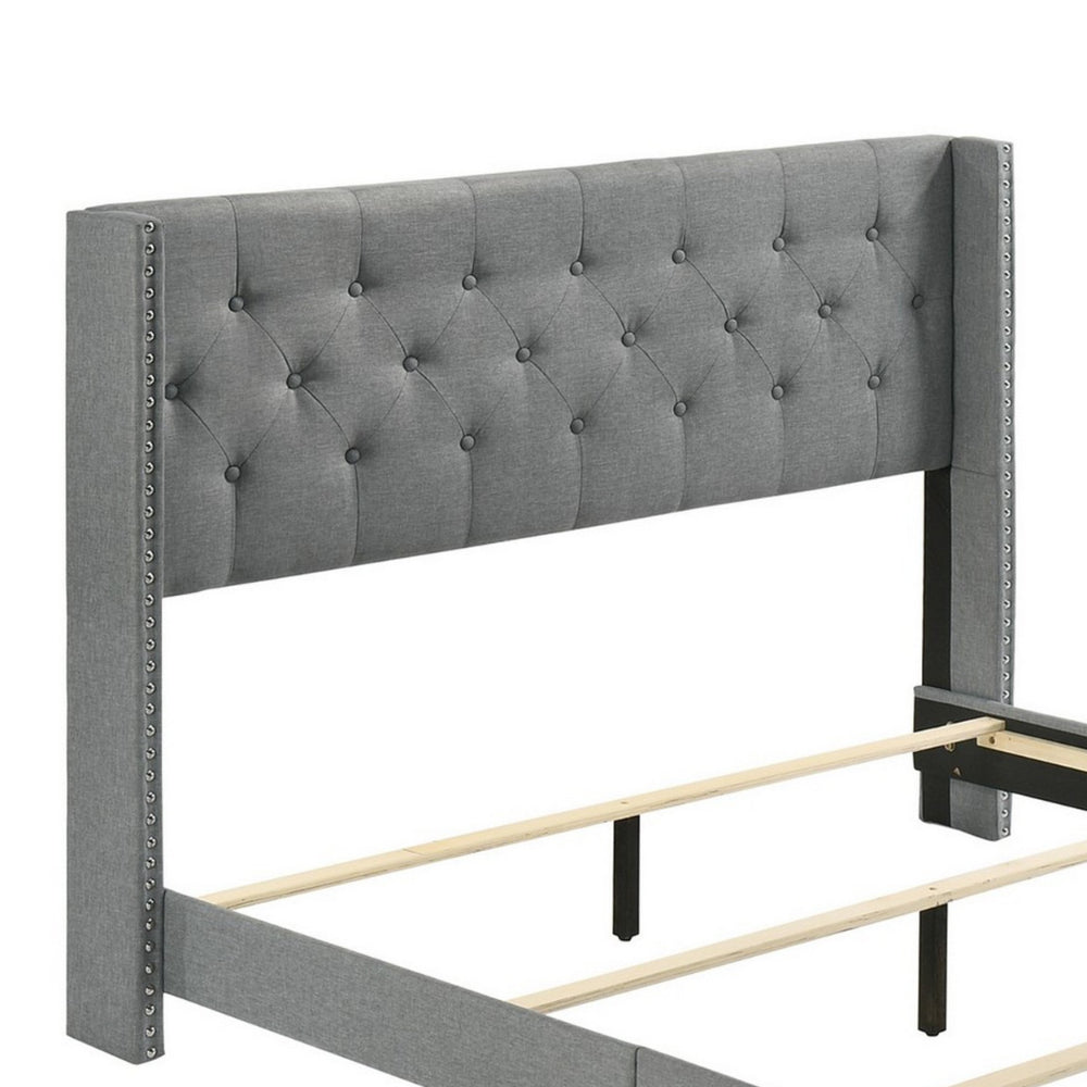 Lih Modern Wingback Queen Bed, Button Tufted Headboard, Nailhead Trim, Gray - BM300848