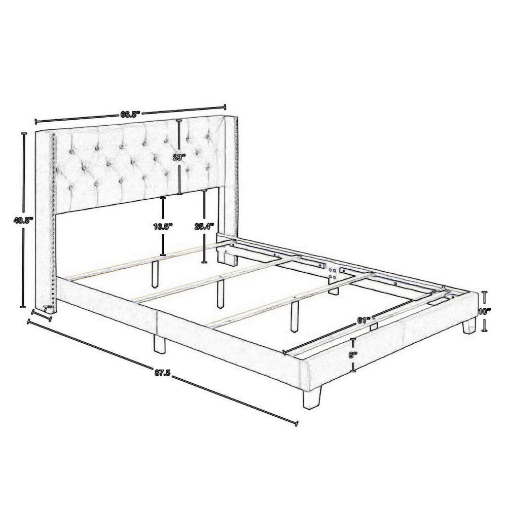 Lih Modern Wingback Queen Bed, Button Tufted Headboard, Nailhead Trim, Gray - BM300848