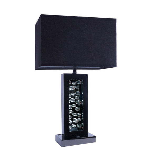 28 Inch Nickel Table Lamp, Black Fabric Shade, Glass Panel and LED Accents - BM300853