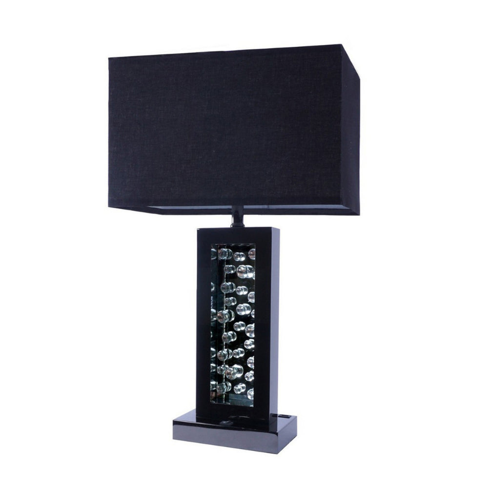 28 Inch Nickel Table Lamp, Black Fabric Shade, Glass Panel and LED Accents - BM300853