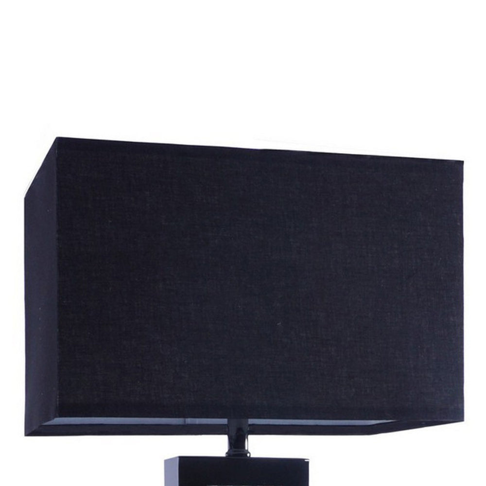 28 Inch Nickel Table Lamp, Black Fabric Shade, Glass Panel and LED Accents - BM300853