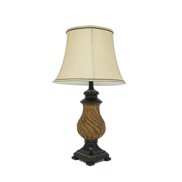 29 Inch Table Lamp, Traditional Round Beige Fabric Shade, Brown Plinth Base - BM300856