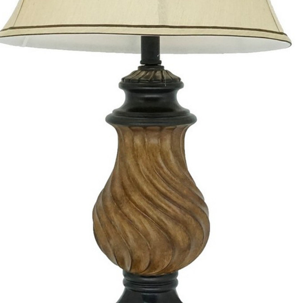 29 Inch Table Lamp, Traditional Round Beige Fabric Shade, Brown Plinth Base - BM300856