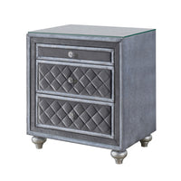 Yin 30 Inch 3 Drawer Nightstand, Glass Top, Crystal Knobs, Gray Velvet - BM300868