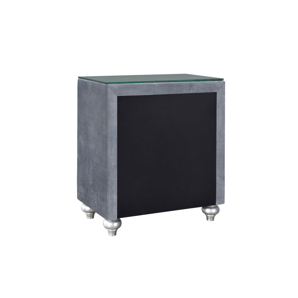 Yin 30 Inch 3 Drawer Nightstand, Glass Top, Crystal Knobs, Gray Velvet - BM300868