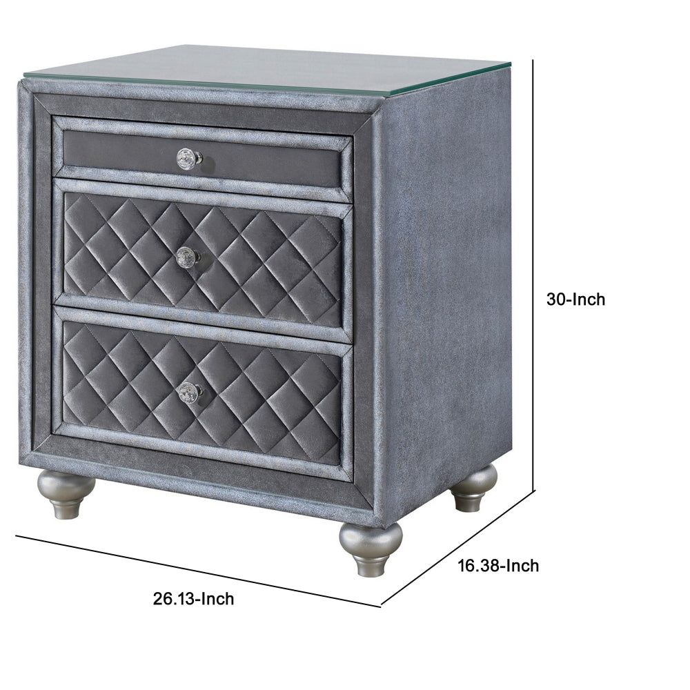 Yin 30 Inch 3 Drawer Nightstand, Glass Top, Crystal Knobs, Gray Velvet - BM300868