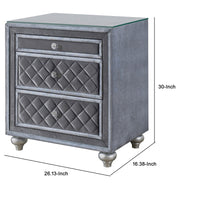 Yin 30 Inch 3 Drawer Nightstand, Glass Top, Crystal Knobs, Gray Velvet - BM300868