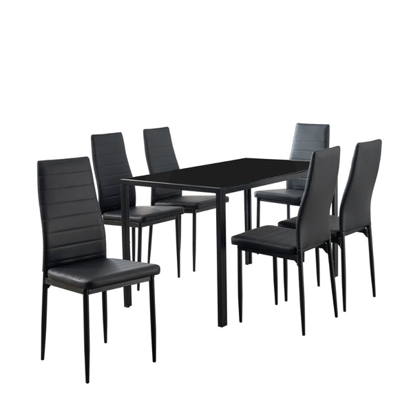 Ned 7 Piece Dining Set, Black Faux Leather Tall Back Chairs, Metal Table - BM300936