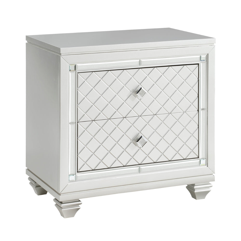 Piros 29 Inch 2 Drawer Nightstand, Diamond Pattern, Mirrored Frame, Silver - BM300945