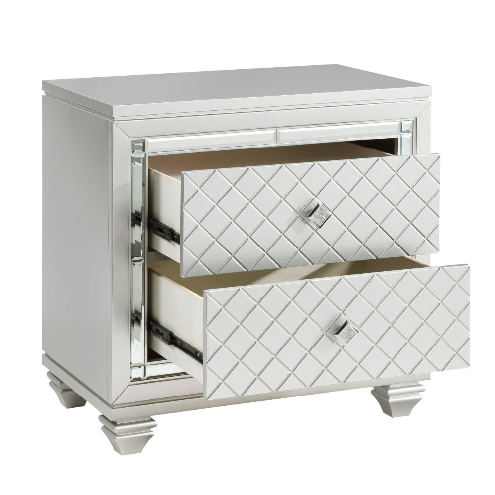 Piros 29 Inch 2 Drawer Nightstand, Diamond Pattern, Mirrored Frame, Silver - BM300945