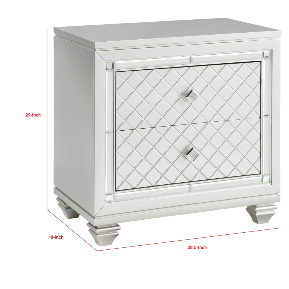 Piros 29 Inch 2 Drawer Nightstand, Diamond Pattern, Mirrored Frame, Silver - BM300945