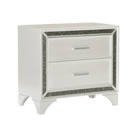 Oro 30 Inch Nightstand, 2 Drawers, Silver Trim, Chrome Bar Handles, White - BM300972