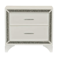 Oro 30 Inch Nightstand, 2 Drawers, Silver Trim, Chrome Bar Handles, White - BM300972