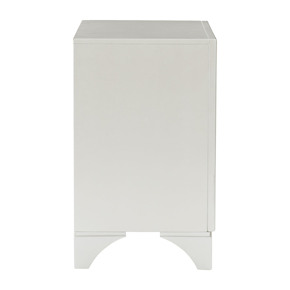 Oro 30 Inch Nightstand, 2 Drawers, Silver Trim, Chrome Bar Handles, White - BM300972