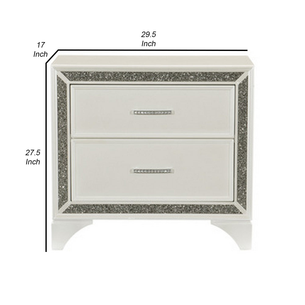 Oro 30 Inch Nightstand, 2 Drawers, Silver Trim, Chrome Bar Handles, White - BM300972