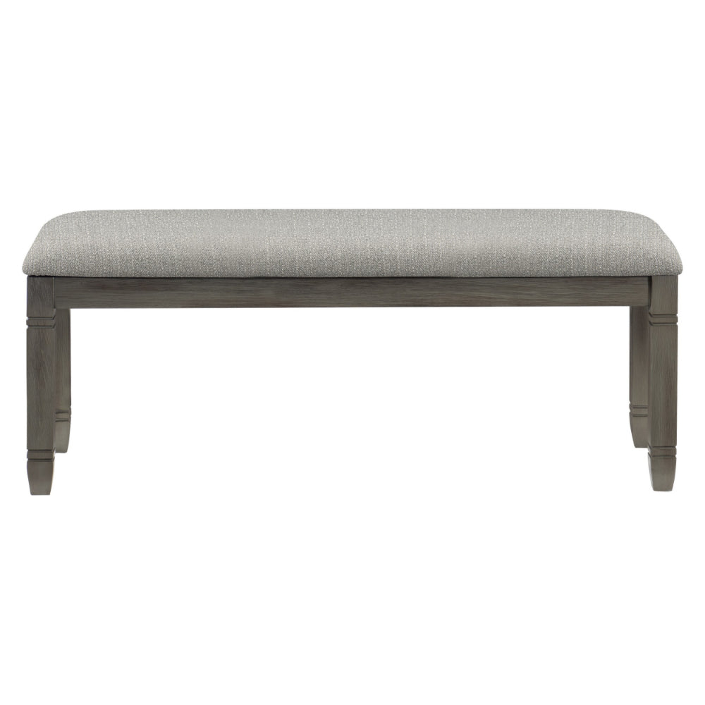Rome 48 Inch Bench, Gray Textured Fabric, Padded Seat, Antique Gray Wood - BM300989