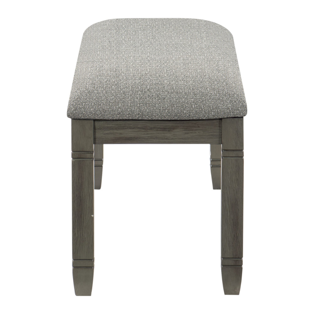Rome 48 Inch Bench, Gray Textured Fabric, Padded Seat, Antique Gray Wood - BM300989