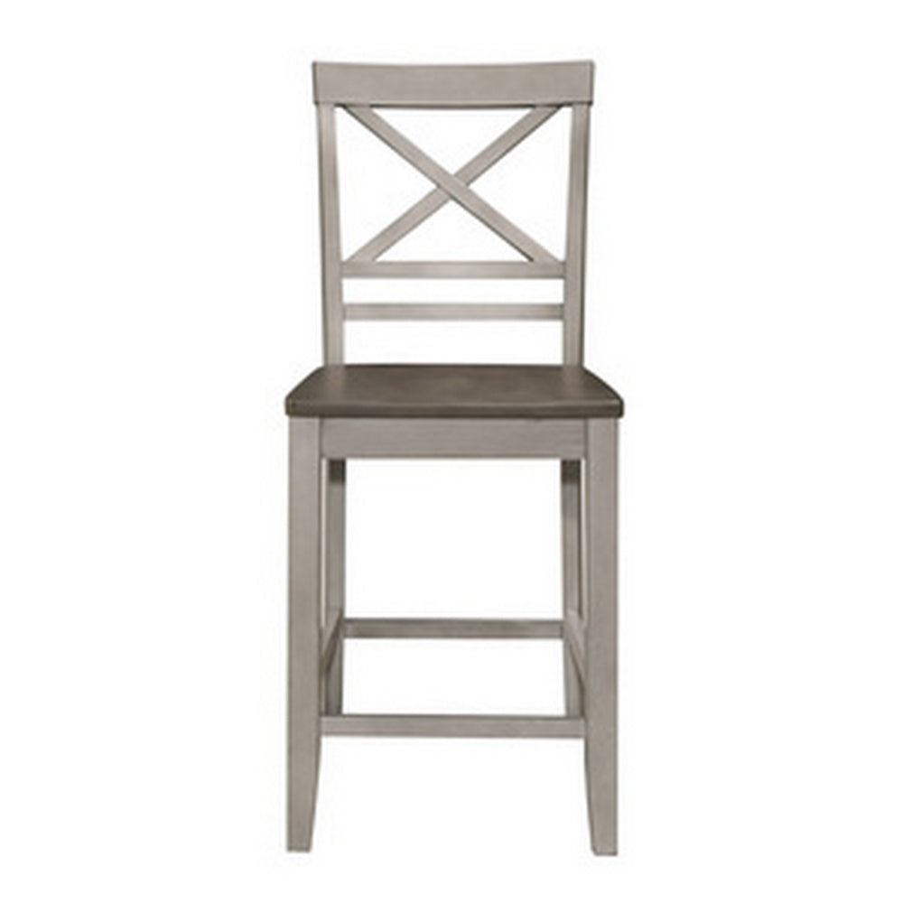 Brian 23 Inch Counter Chair, Crossbuck Backrest, Rustic Gray Wood, Brown - BM301056