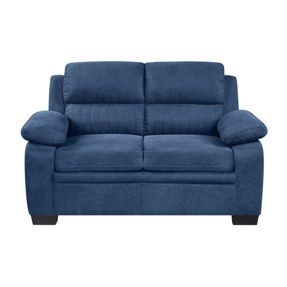 Hugh 58 Inch Loveseat, Blue Fabric, Pillow Armrests, Channel Tufted Back - BM301136