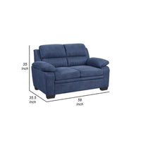 Hugh 58 Inch Loveseat, Blue Fabric, Pillow Armrests, Channel Tufted Back - BM301136