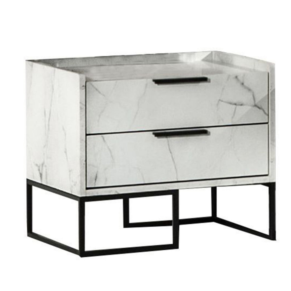 Noe Paul 24 Inch Wood Nightstand, 2 Drawers, Faux White Marble, Metal Legs - BM301278