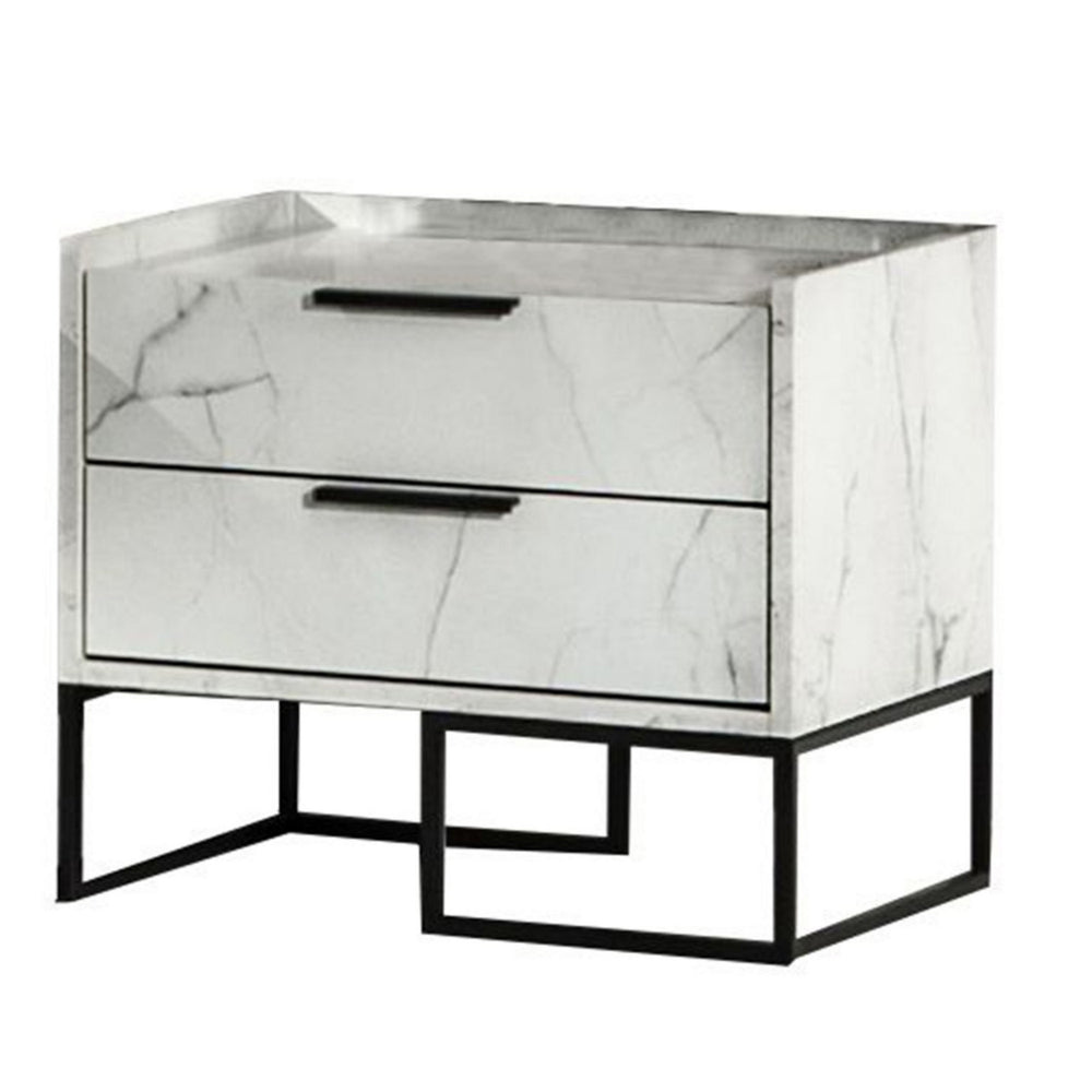 Noe Paul 24 Inch Wood Nightstand, 2 Drawers, Faux White Marble, Metal Legs - BM301278