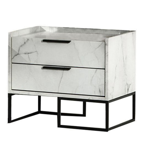 Noe Paul 24 Inch Wood Nightstand, 2 Drawers, Faux White Marble, Metal Legs - BM301278