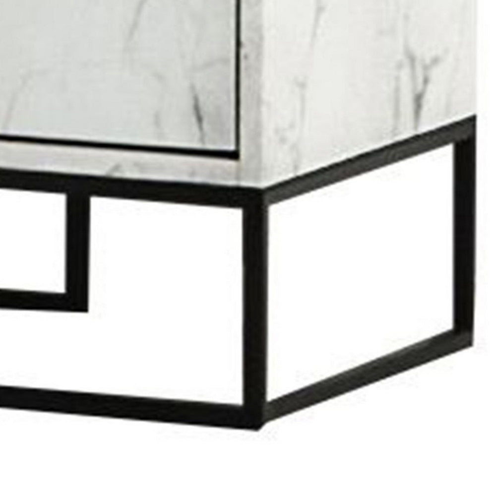 Noe Paul 24 Inch Wood Nightstand, 2 Drawers, Faux White Marble, Metal Legs - BM301278