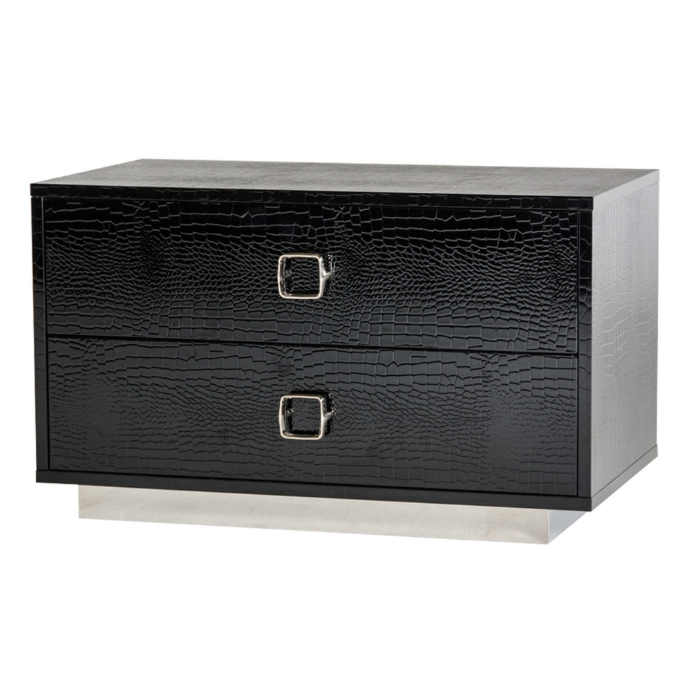 Hart 32 Inch Nightstand, 2 Drawers, Crocodile Skin Texture, Lacquer, Black - BM301315