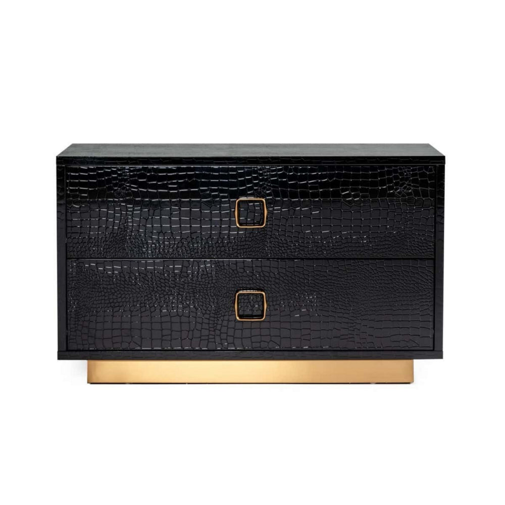 Hart 32 Inch Nightstand, 2 Drawers, Crocodile Skin Texture, Lacquer, Black - BM301315