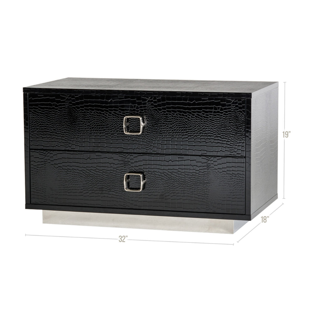 Hart 32 Inch Nightstand, 2 Drawers, Crocodile Skin Texture, Lacquer, Black - BM301315