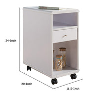 20 Inch Rolling Chairside Table, Single Drawer, 2 Open Shelves, Crisp White - BM301554