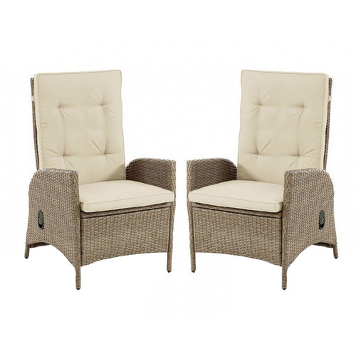 Ankia 25 Inch Outdoor Manual Reclining Chair, Set of 2, Brown Wicker, Beige - BM302159