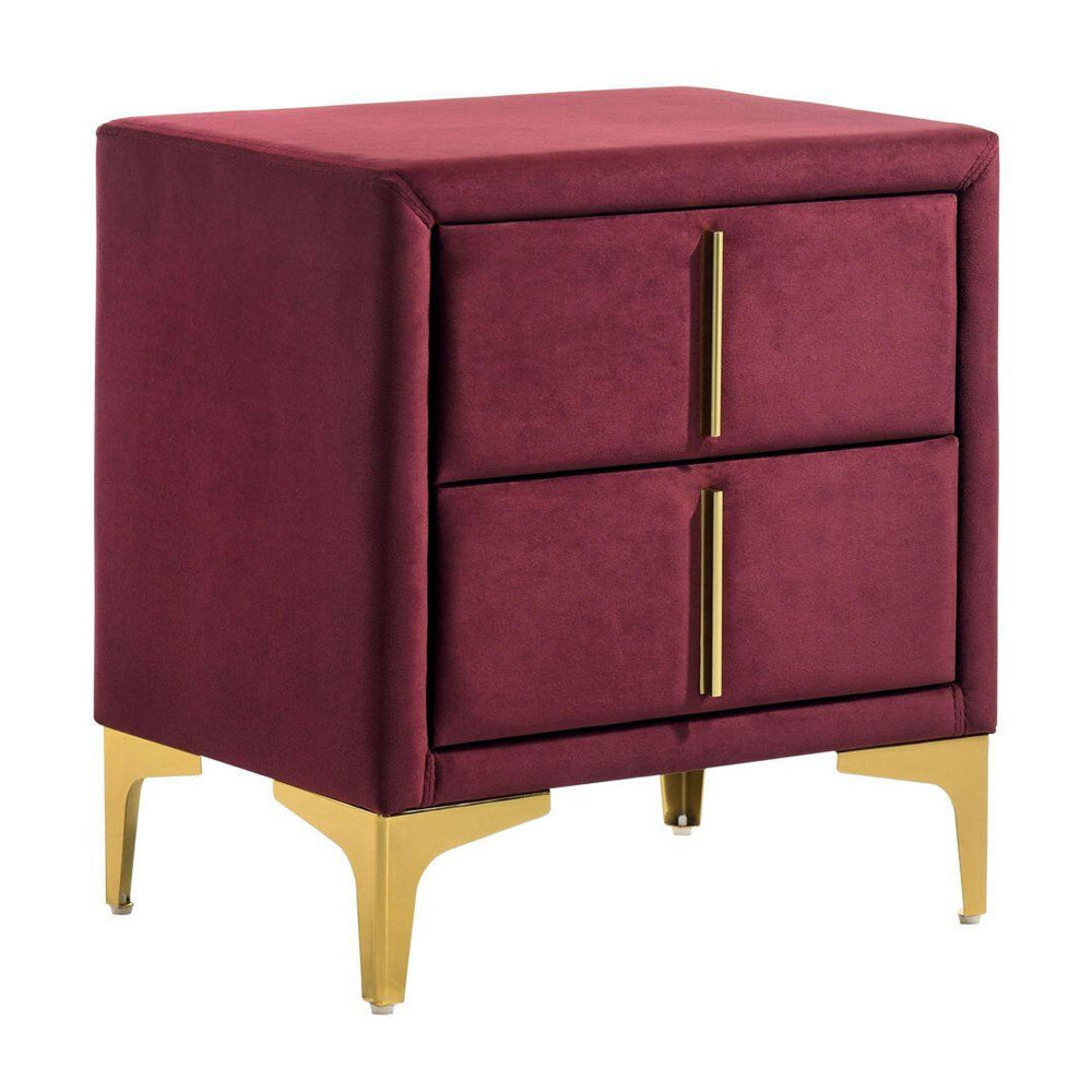 Bios 24 Inch Nightstand, 2 Drawers, Red Vegan Faux Leather, Gold Accents - BM302194