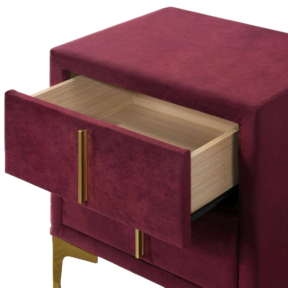 Bios 24 Inch Nightstand, 2 Drawers, Red Vegan Faux Leather, Gold Accents - BM302194