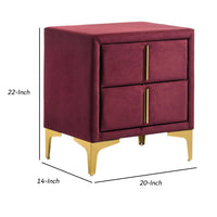 Bios 24 Inch Nightstand, 2 Drawers, Red Vegan Faux Leather, Gold Accents - BM302194