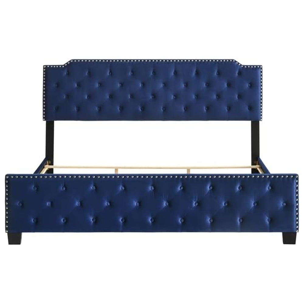 Agapi King Size Bed, Button Tufted, Nailhead Trim, Blue Fabric Upholstery - BM302195